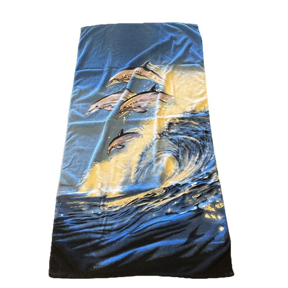 VTG Dolphin Riding Wave Surf Ocean Beach Towel 90s‎ Y2K Faded